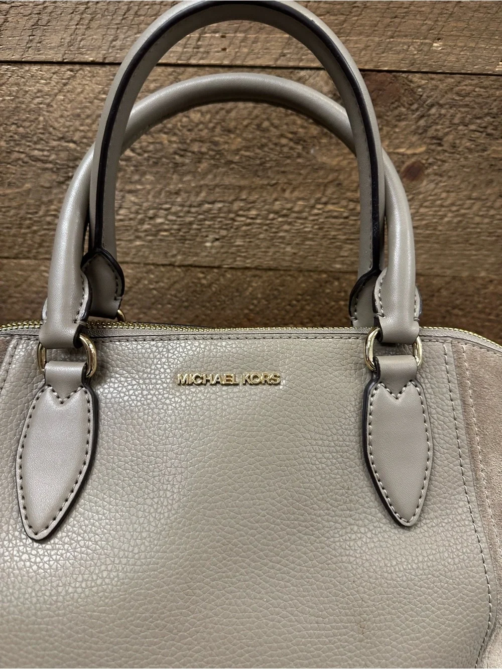 Michael Kors Taupe Pebbled Leather & Suede Satchel Crossbody Bag